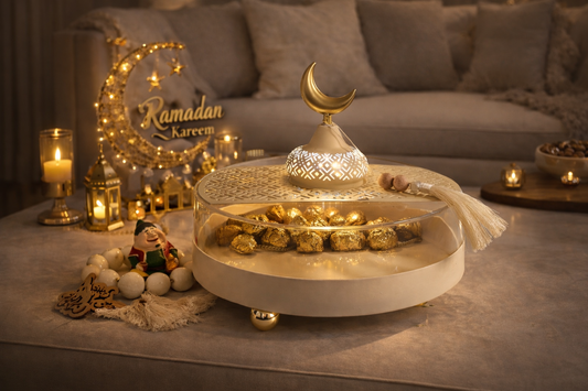 Ramadan Serving Dome with Arabic Calligraphy – Ivory & Silver